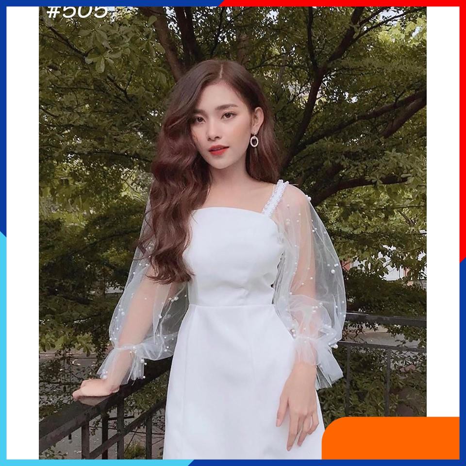 Váy Nư, Đầm dự tiệc trắng tay phồng kết hạt siêu xinh M