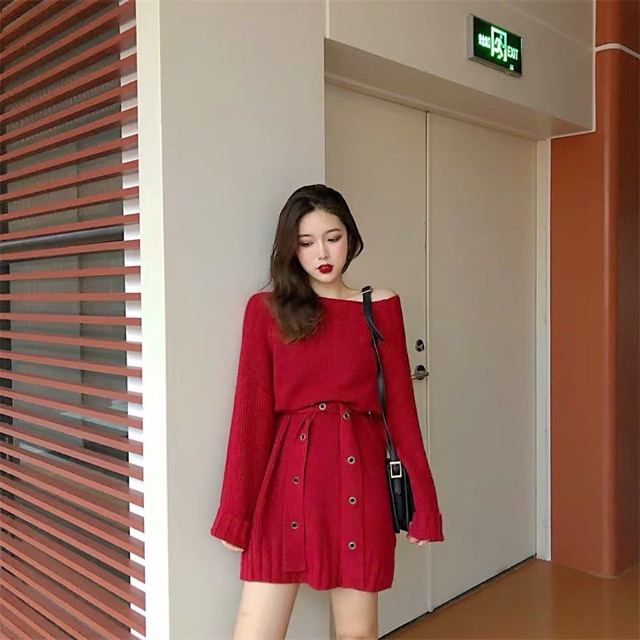 (Order) Đầm len bẹt vai kèm belt dập oze