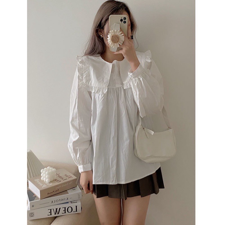 Áo sơmi nữ xuông form rộng phối cổ bèo bản to tươi trẻ A259 Nội Y Xanh hàng đẹp trendy - nội y xanh