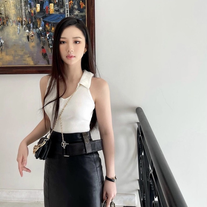 Áo croptop dệt kim cổ Polo tim