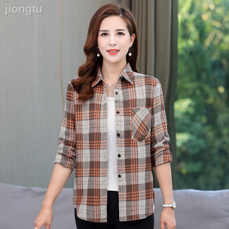 Áo Sơ Mi Cotton Dài Tay Dáng Rộng Thời Trang Xuân Thu Cho Phụ Nữ Trung Niên 40-50 Tuổi