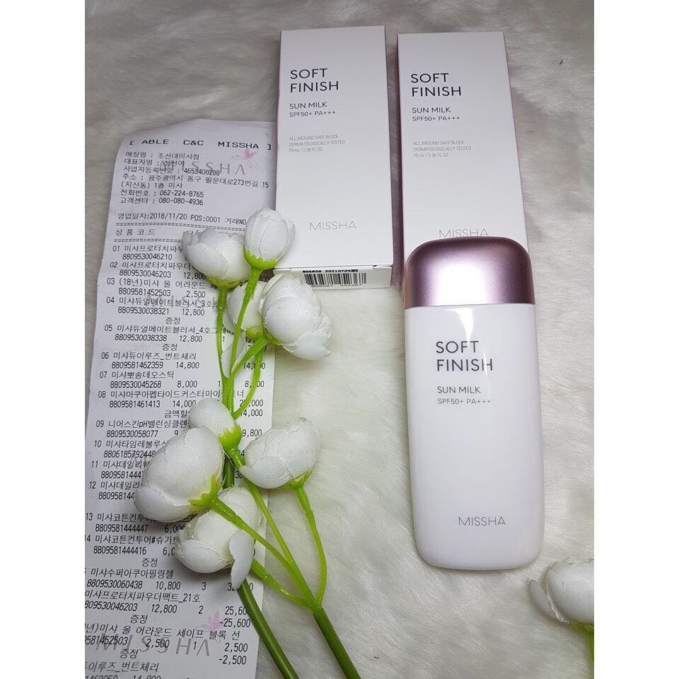 Kem Chống Nắng Missha hồng Soft finish tím Velvet finish xanh Waterproof Essence sun milk All  Around SPF50+ 70ml Lyo.vn