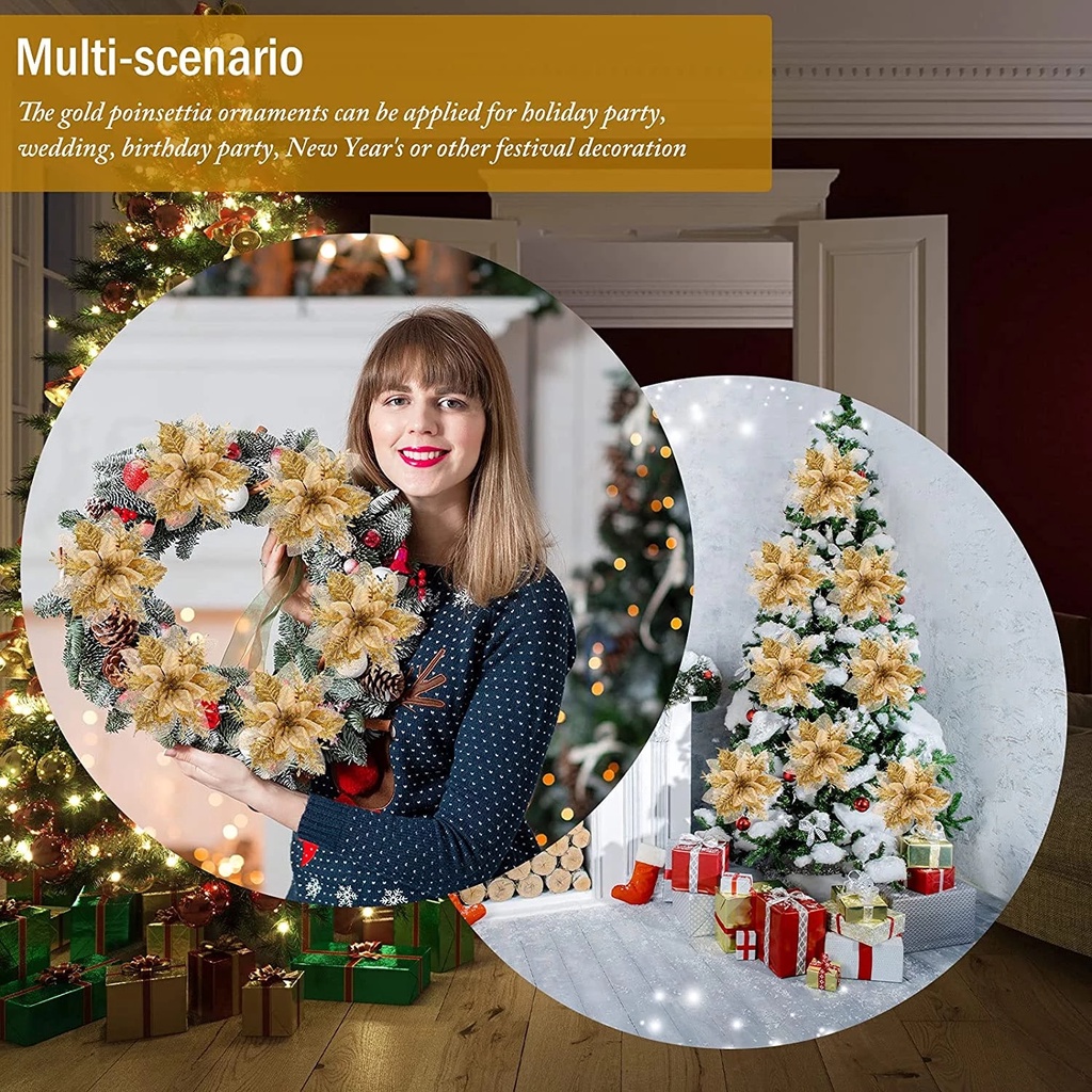 Bộ 5 bông hoa nhân tạo lấp lánh trang trí cây thông giáng sinh năm mới