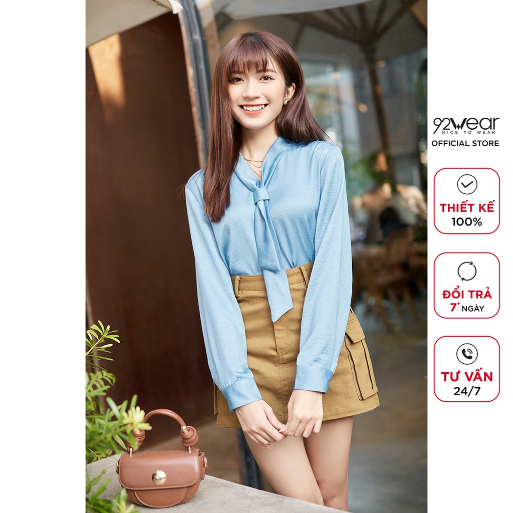 Áo sơ mi nữ dài tay cổ thắt nơ 92WEAR, thiết kế công sở thanh lịch, vải lụa cao cấp ASA2004
