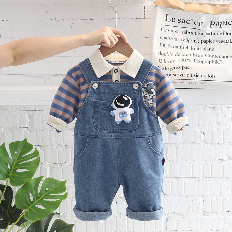 Set Áo Thun polo Tay Dài + Quần Yếm Denim Màu Trơn Họa Tiết Hoạt Hình Cho Bé Trai Gái Cỡ 80-120cm