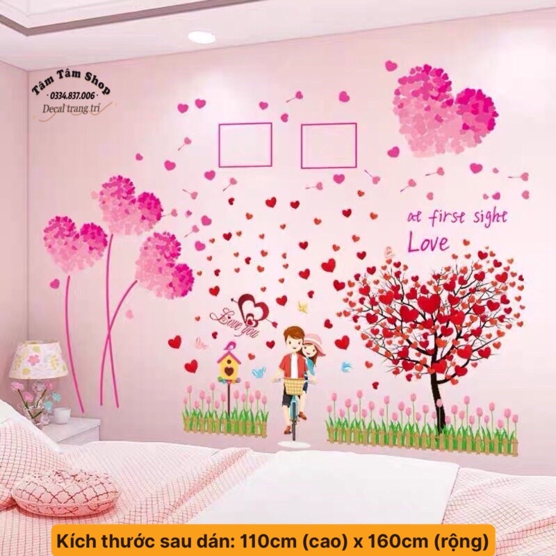 Decal dán phòng ngủ trái tim hồng và xe đạp tình yêu, sẵn keo dán.