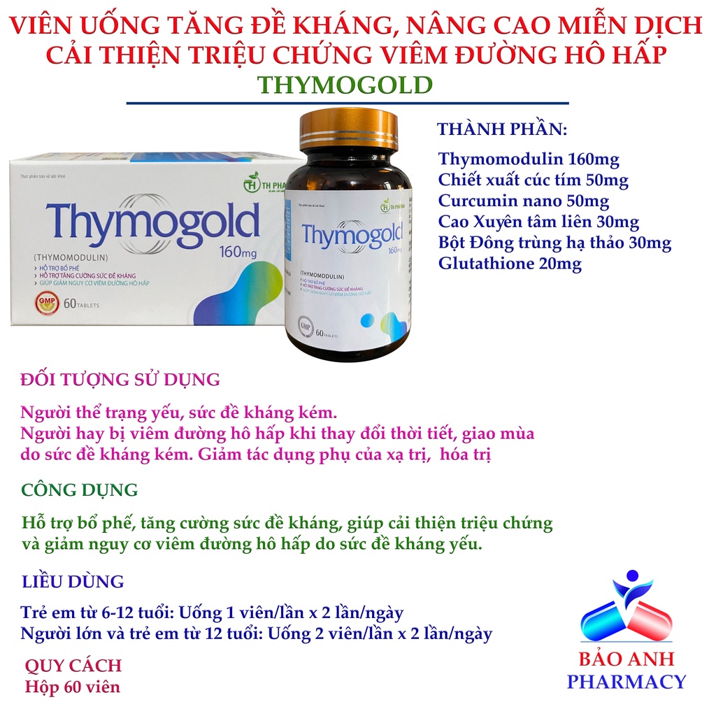 Viên uống Tăng đề kháng, năng cao hệ miễn dịch, dự phòng viêm đường hô hấp chứa Thymomodulin Thymogold – Hộp 60 viên