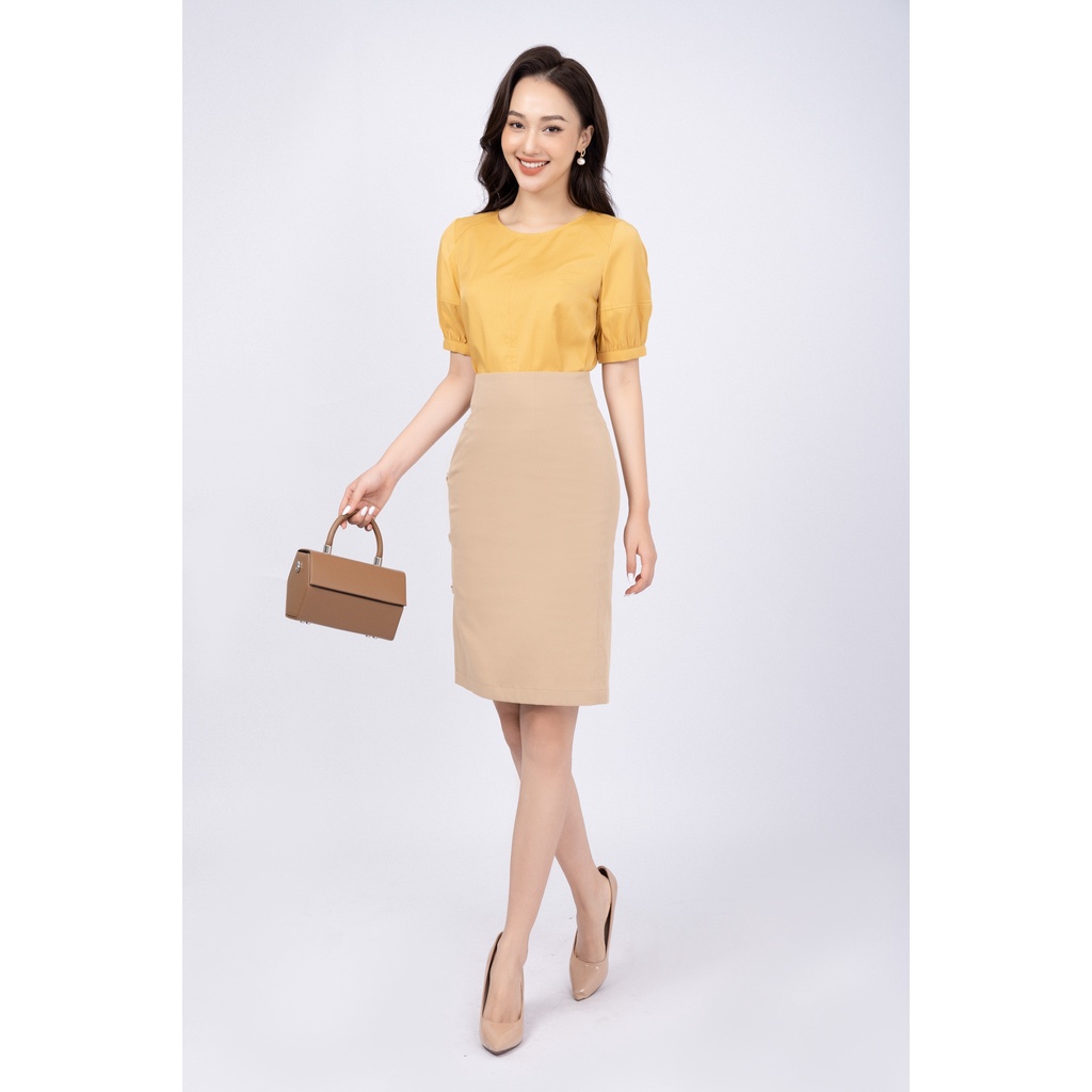 Chân váy nữ công sở dáng A xẻ trước đính cúc trang trí FIONA F252164