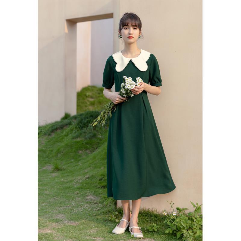 Đầm midi ngắn tay màu sắc retro xinh xắn cho nữ