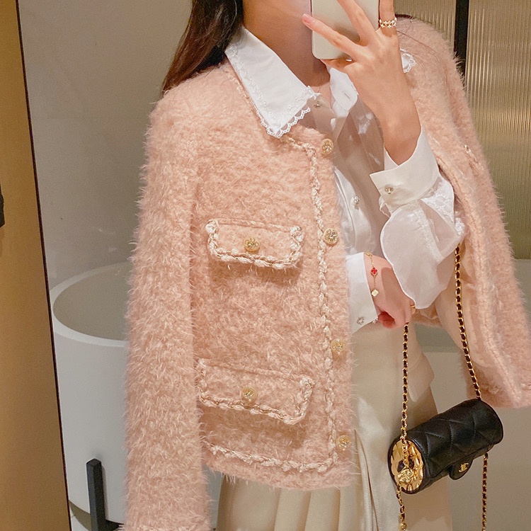 Áo dạ tweed dáng ngắn màu cam hồng