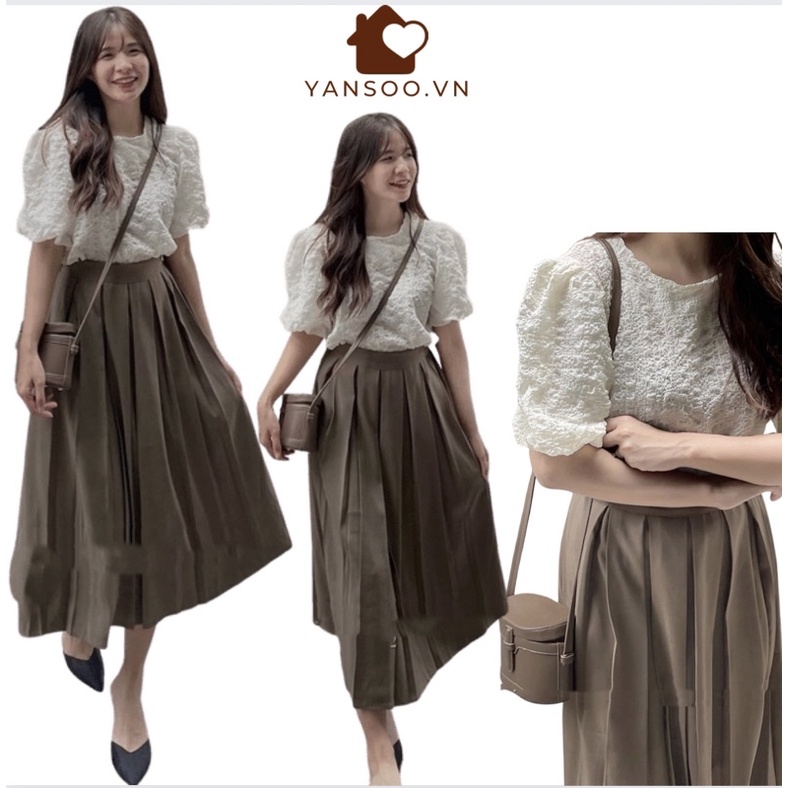 Chân váy xếp ly to dáng dài cạp chun màu nâu vintage hàng Quảng Châu đẹp by YANSOO