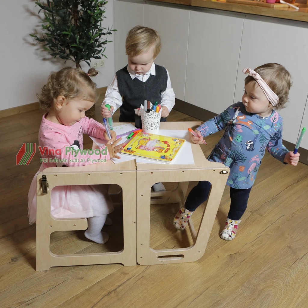 Ghế đứng bếp 4 trong 1, làm tháp vận động,bàn học tập, bàn ăn dặm cho bé gỗ plywood