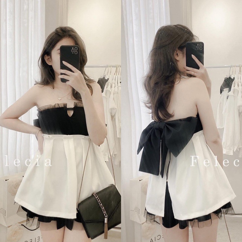 [Mã FAGREEN245 giảm 10% tối đa 30K đơn 99K] SET PEPLUM ỐNG CÚP NGỰC NƠ LƯNG KÈM SHORTS ĐEN VIỀN REN