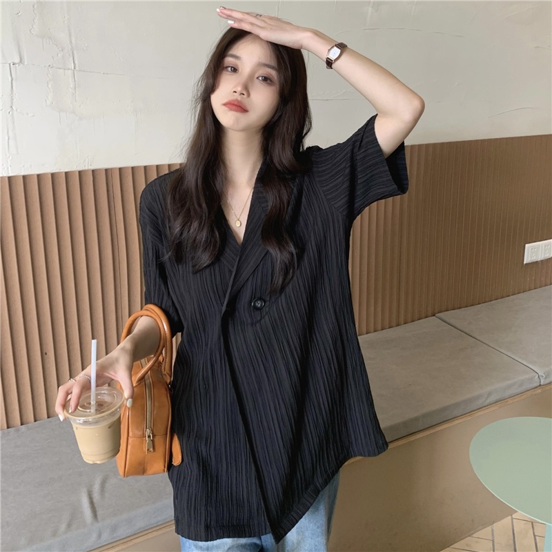 Áo Khoác Blazer Ngắn Tay Dáng Rộng Thời Trang Retro Hàn Quốc Cho Nữ