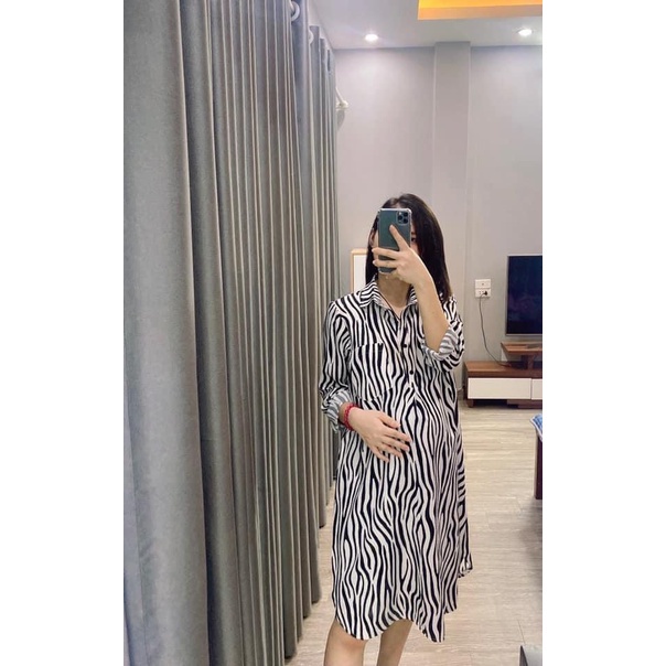 Đầm bầu, váy bầu công sở dáng sơ mi họa tiết ngựa vằn - chất lụa mềm mịn mát - size đến 75kg