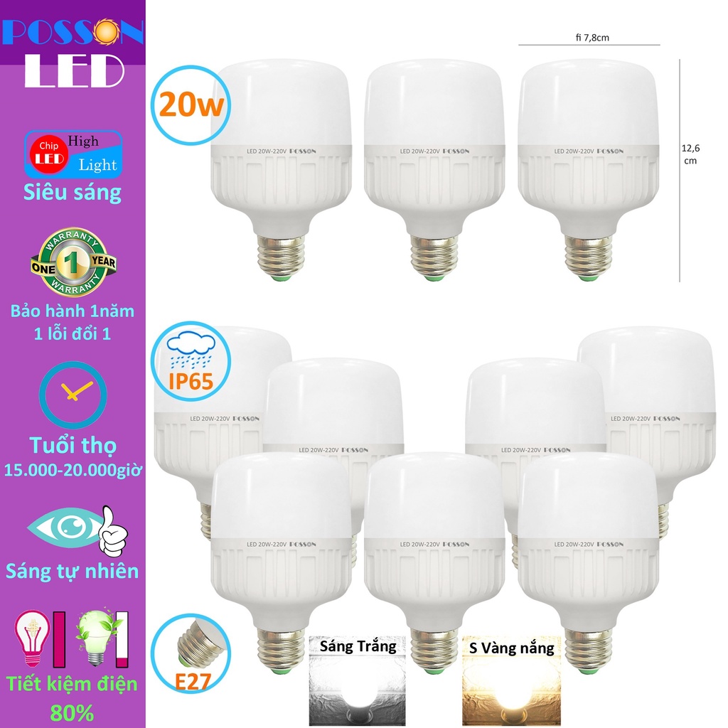 10 Bóng đèn Led trụ 20w bup trụ T80 bulb siêu sáng tiết kiệm điện kín chống nước Posson LC-20x