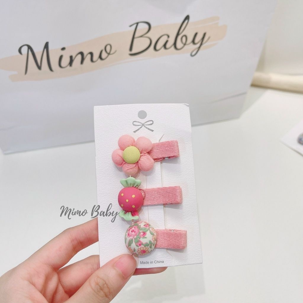 Set 3 kẹp tóc bọc vải gắn hình hoa dễ thương cho bé gái KT33 Mimo Baby