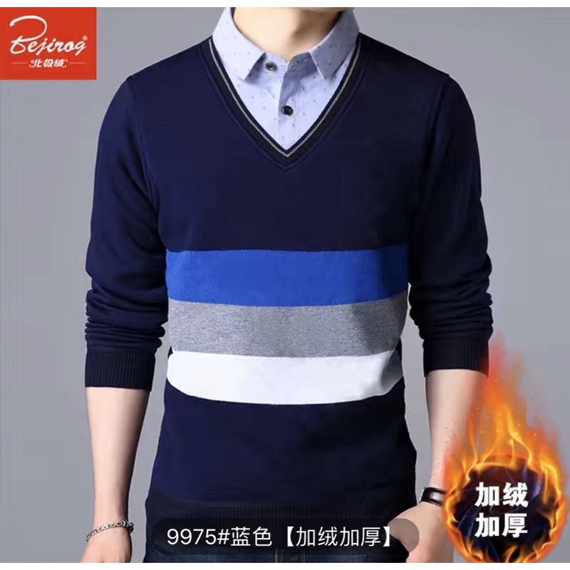 Áo ghi lê len kẻ lót lông phối chân cổ sơ mi hàng quảng châu