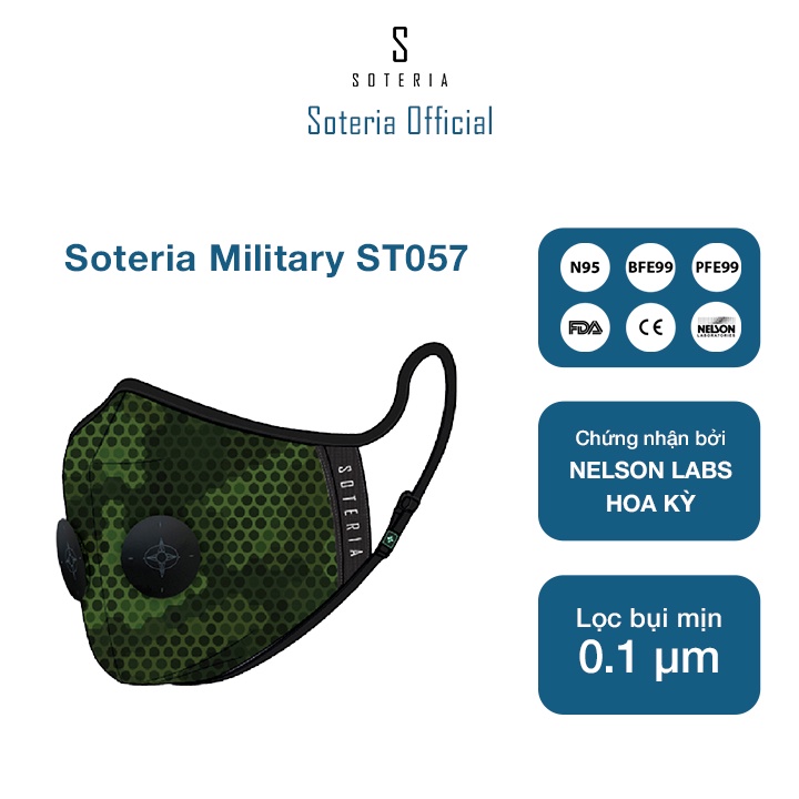 Khẩu trang tiêu chuẩn Quốc Tế SOTERIA Military ST057 - Bộ lọc N95 BFE PFE 99 lọc đến 99% bụi mịn 0.1 micro- Size S,M,L