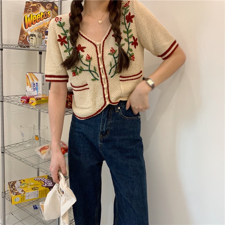 Áo Dệt Kim Ngắn Tay Cổ Chữ V Thêu Hoa Thời Trang Mùa Hè Phong Cách Hàn Quốc Vintage Mới Cho Nữ