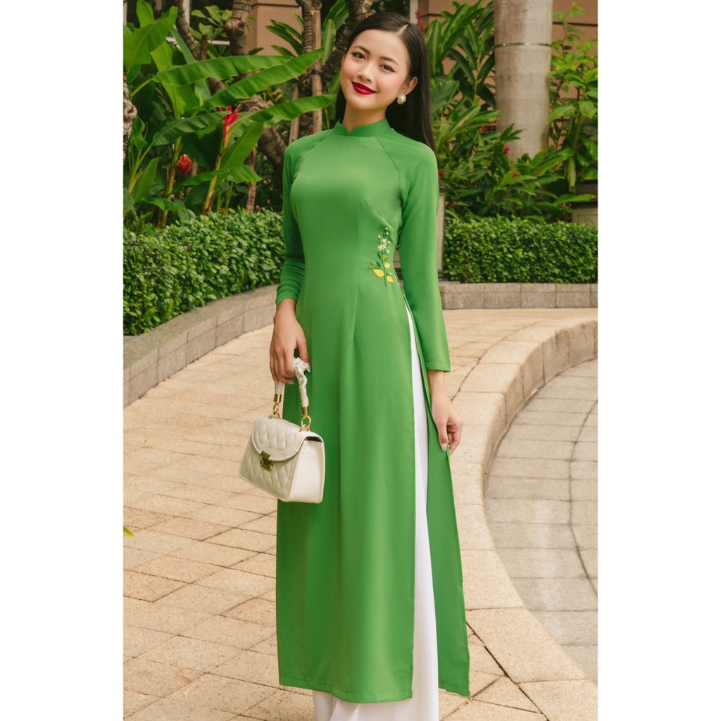 Áo Dài Lụa For Her Thêu Hoa Xanh AD01683