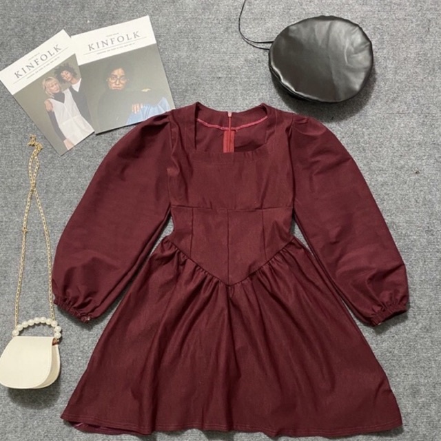 Váy cổ vuông dáng xoè chữ A, đầm tiểu thư cổ vuông mặc dịp Tết siêu xinh, chất vân gỗ PENNY- V113 | BigBuy360 - bigbuy360.vn