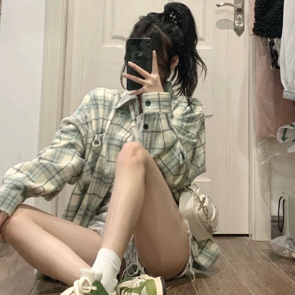 Áo Sơ Mi Caro Dáng Rộng Phong Cách Hàn Quốc Mới Cho Nữ