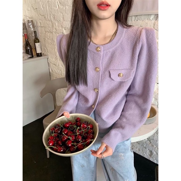 Áo cardigan dài tay chất len dày dặn cổ tròn đóng cúc