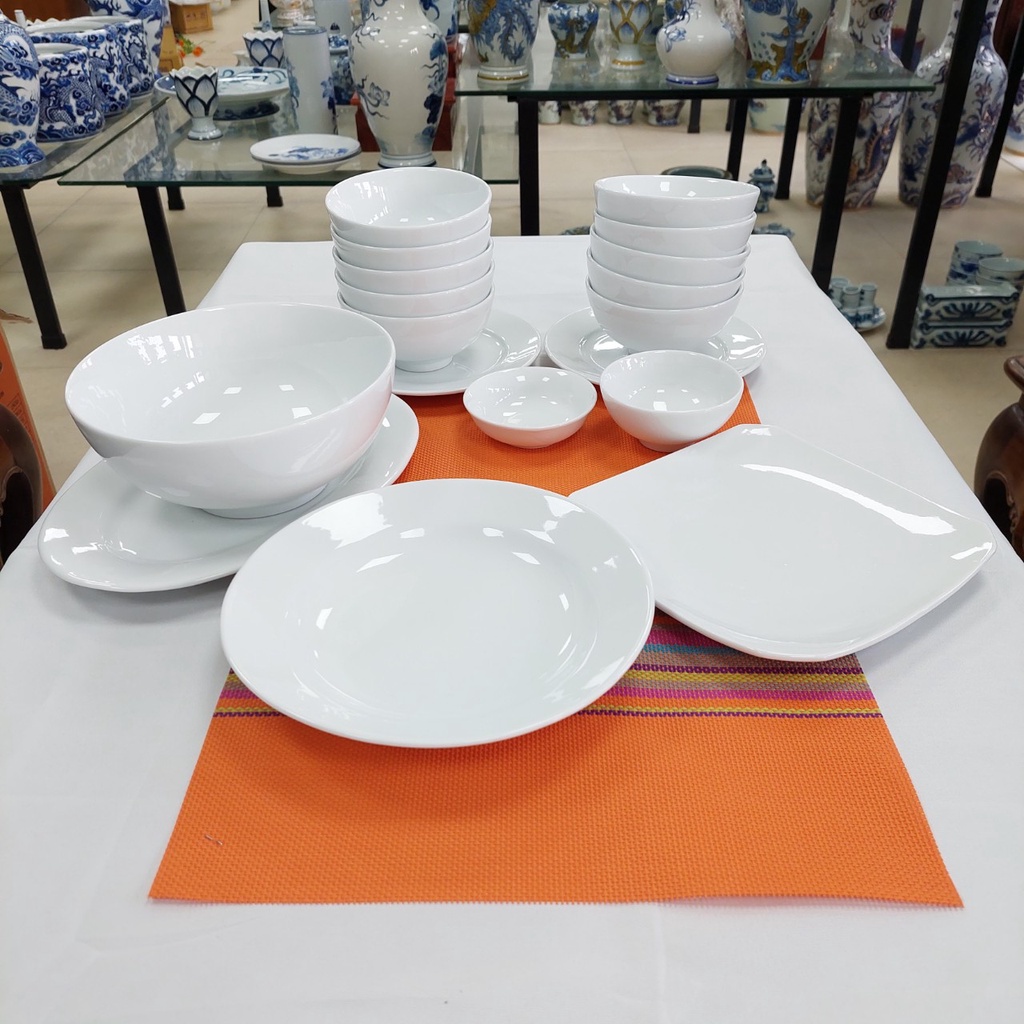 Bộ bát ăn cao cấp Bát tràng men trắng sứ Bộ đủ các chi tiết cho một mâm cỗ gia đình