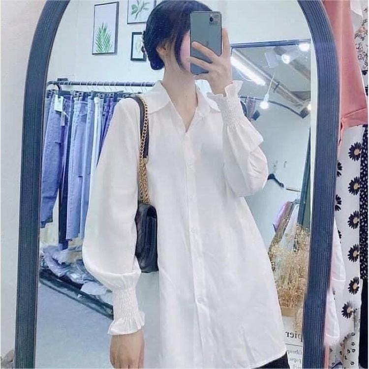 Áo sơ mi trắng nữ đi học tay dài bo chun nhúm cổ bẻ basic form rộng vừa kiểu áo sơ mi đi học sinh nữ tay dài vải lụa mát