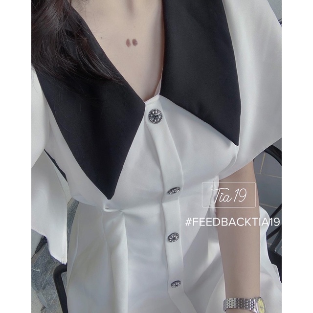 Váy cổ V tay xoè ulzzang Tia19. Đầm pha trắng đen dự tiệc cutout tay rộng | BigBuy360 - bigbuy360.vn