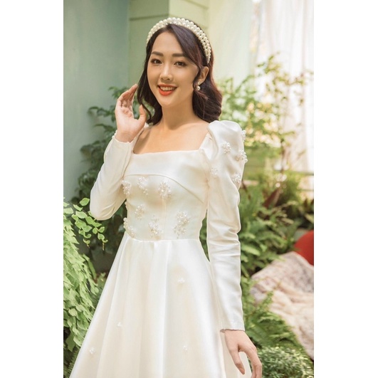 ĐẦM NÀNG DÂU CỔ U TAY PHỒNG ĐÍNH Hạt CAO CẤP full size S/M/L/XL