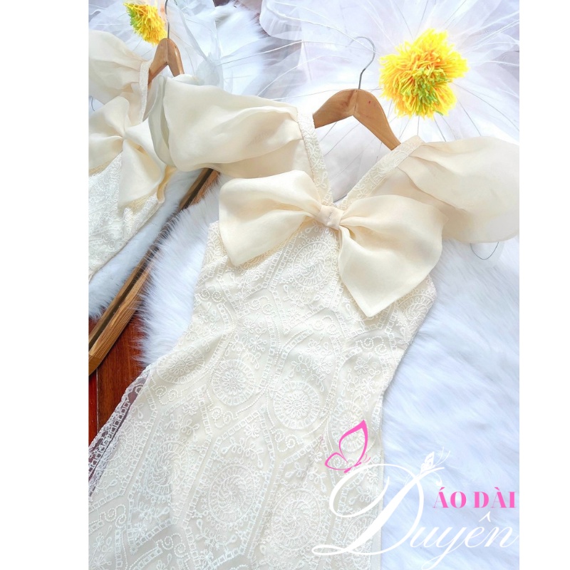 Áo dài cách tân vải ren cổ kết nơ siêu đẹp hàng thiết kế
