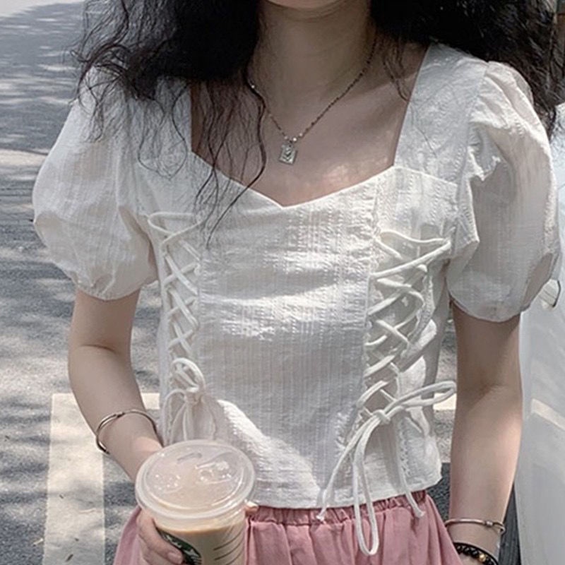 Áo Sơ Mi Trắng Cổ Vuông Tay Phồng Phong Cách Pháp Ngọt Ngào Thời Trang Mùa Hè Cho Nữ