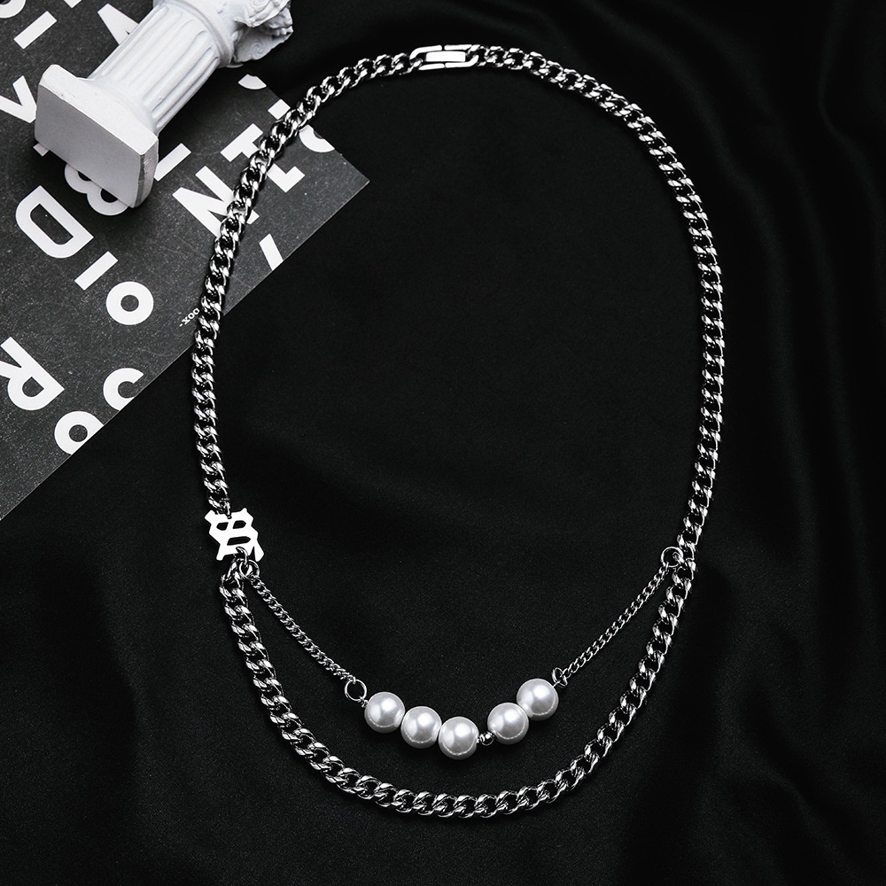 Dây chuyền hai lớp đính ngọc trai giả phong cách hip hop xu hướng 19A1120