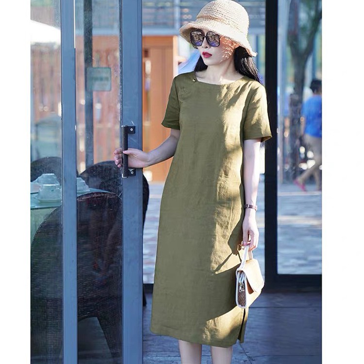 Đầm suông linen xanh rêu cổ vuông, thời trang xuân hè 2021