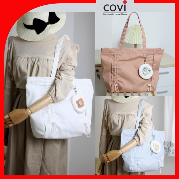 Túi Tote Vải Canvas Phom Ngang Phối Dây Rút Trước Và Túi Tròn In Hình Thời Trang COVI Nhiều Màu Sắc T2