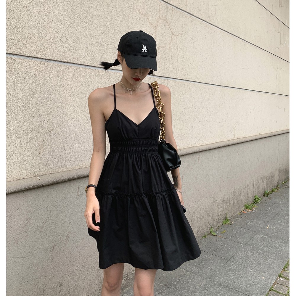 (ORDER) Váy hai dây màu đen cổ V dập viền xòe dài điệu đà style retro kiểu Pháp mùa hè (HÀNG_MỚI_VỀ) -junjun -junjun1 1