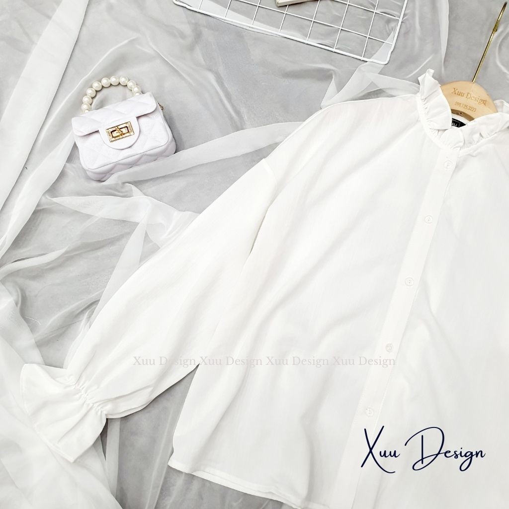 Áo sơ mi trắng nữ Xuu Design ,áo sơ mi kiểu tay bồng cổ bèo điệu đà chất vải đũi SP32