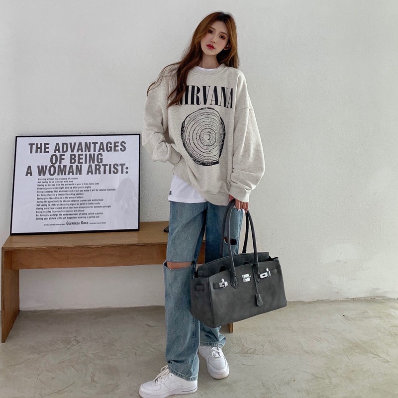 Áo sweater vải 100% cotton dáng rộng in họa tiết phong cách Hàn Quốc thời trang cho nữ