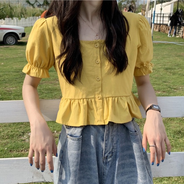 Áo Croptop Cổ Vuông Tay Bồng Tặng Scrunchie Cùng Màu