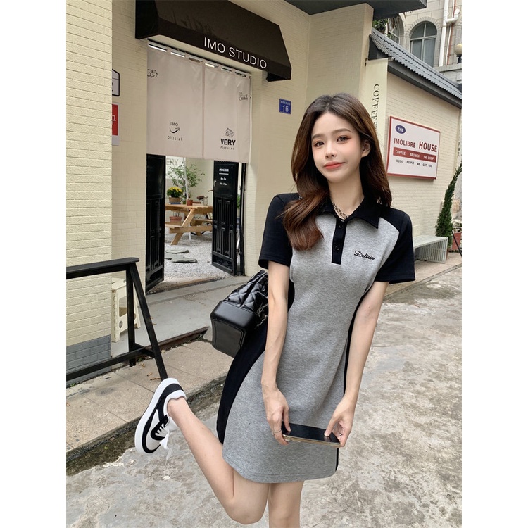 Đầm Cổ polo Tay Ngắn Dáng Ôm Màu Sắc Tương Phản Phong Cách Hàn Quốc Thời Trang Cho Nữ