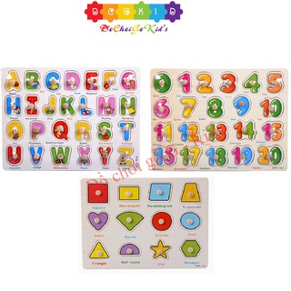 Combo 3 bảng núm gỗ lắp ghép chữ, 20 số và hình khối cho bé
