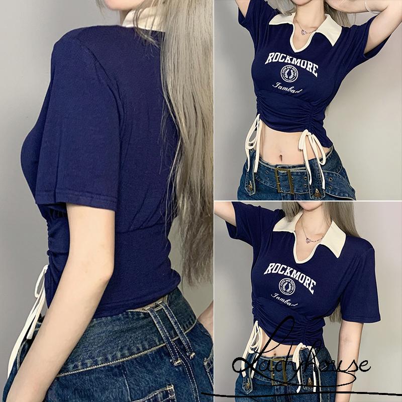 Áo Thun Croptop Tay Ngắn Cổ Chữ V Phối Dây Rút Thời Trang Mùa Hè Cho Nữ