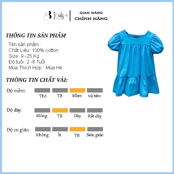 Váy Tay Bồng BB KIDS Chất Cotton Cho Bé Màu Xanh Thiên Thanh
