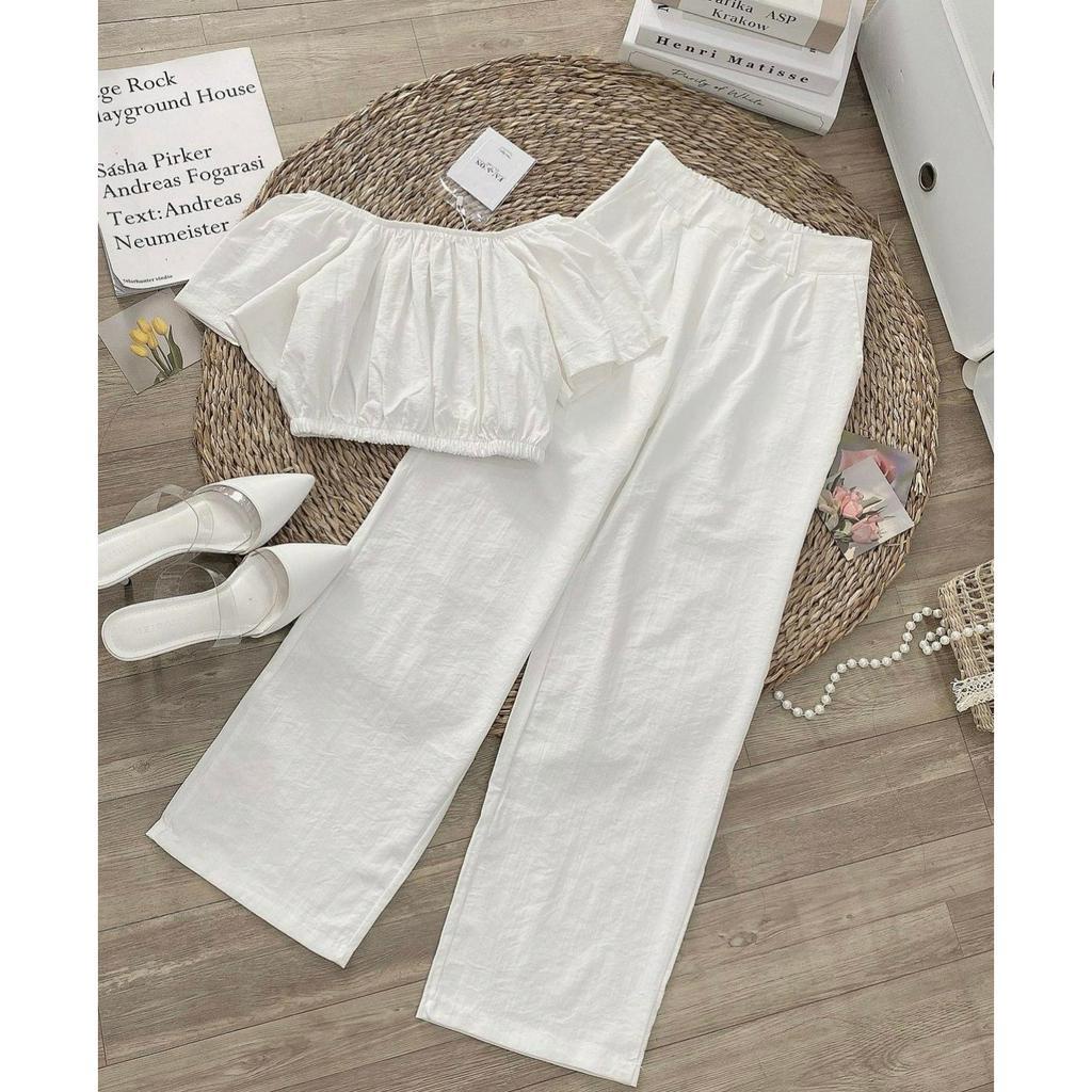 Set áo trễ vai mix quần đũi ống rộng nữ dáng suông dài lưng cạp cao kiểu quần đũi trắng vải đũi xước mềm mại mặc đi chơi