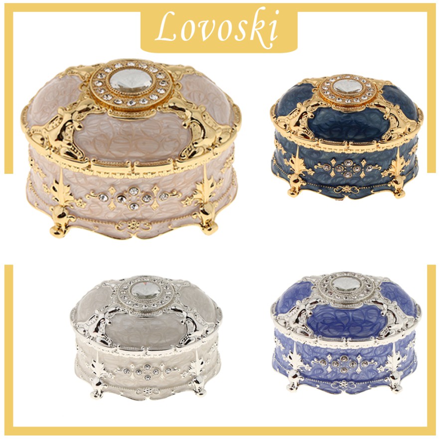 Hộp Đựng Trang Sức Hình Oval Bằng Kim Loại Màu Vàng / Trắng Phong Cách Vintage