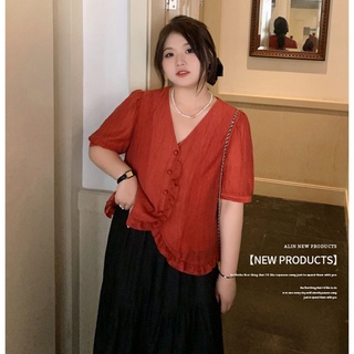 ALIN fat mm full-size slim shirt summer new V-necked fairy beauty shirt girl