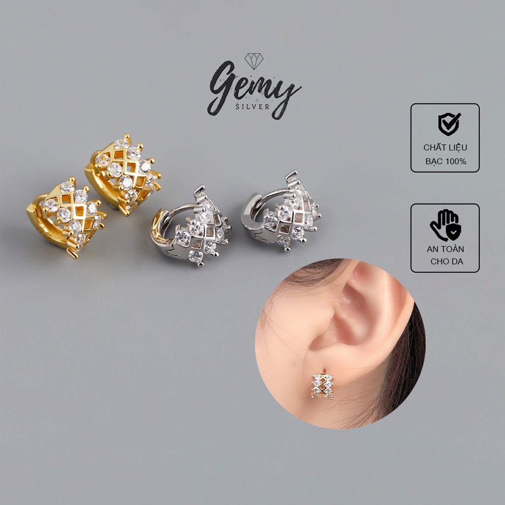 Khuyên tai nam nữ bạc thật 925 mạ vàng đính đá đan chéo cá tính, độc đáo, unisex (1 chiếc) | GEMY SILVER KN16