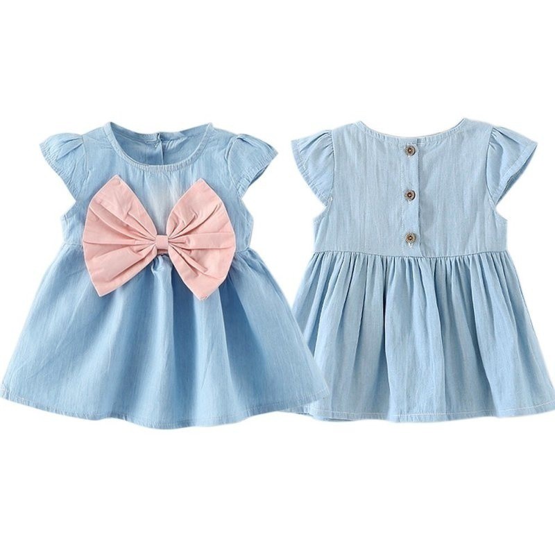 Đầm tay ngắn đính nơ cho bé gái